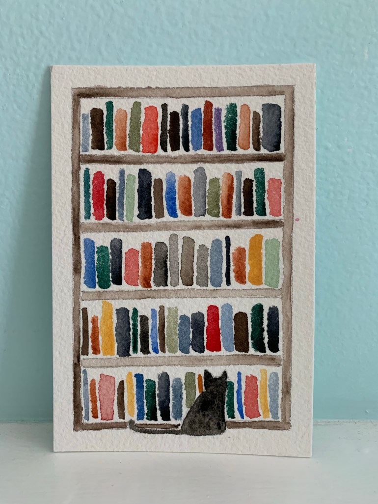 Cat in the Library Watercolor&nbsp;Painting